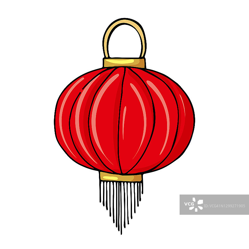 悬挂中国传统灯笼椭圆形，红色，饰以流苏。矢量插图。图片素材