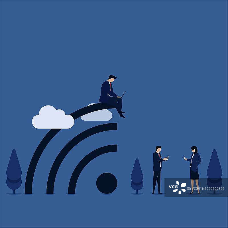 商业平面矢量概念，人们使用手机和笔记本电脑围绕wifi标志隐喻互联网连接。图片素材