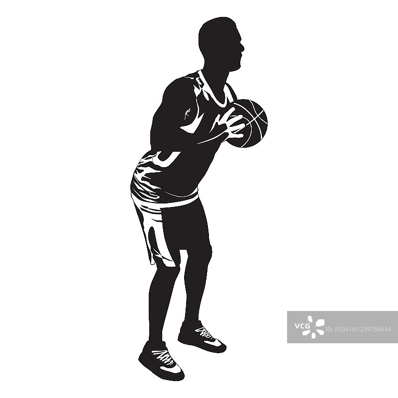 职业篮球运动员剪影投篮篮，矢量插图图片素材