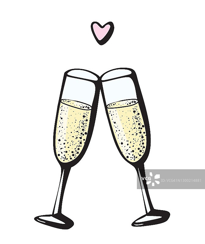 矢量涂鸦手绘素描墨水插图的两个香槟杯夫妇爱喝干杯符号符号线图标在白色的背景。情人节卡片，明信片图片素材