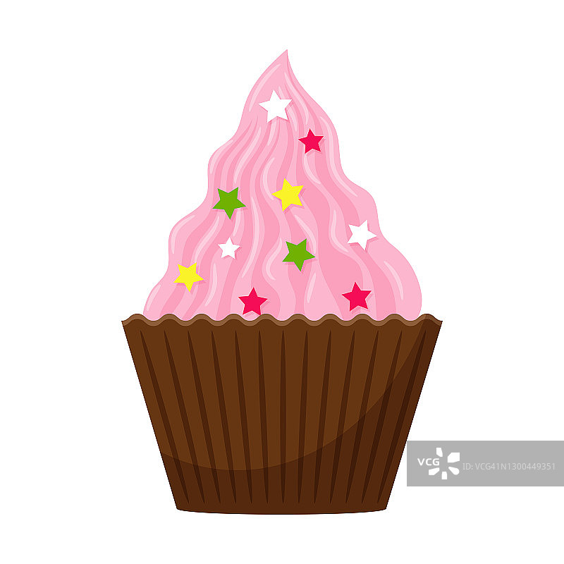 纸杯蛋糕，一种有粉色奶油和装饰点缀的蛋糕。甜的，高热量的，不健康的食物，甜点，款待。彩色矢量插图在卡通平面风格。孤立在白色背景上图片素材