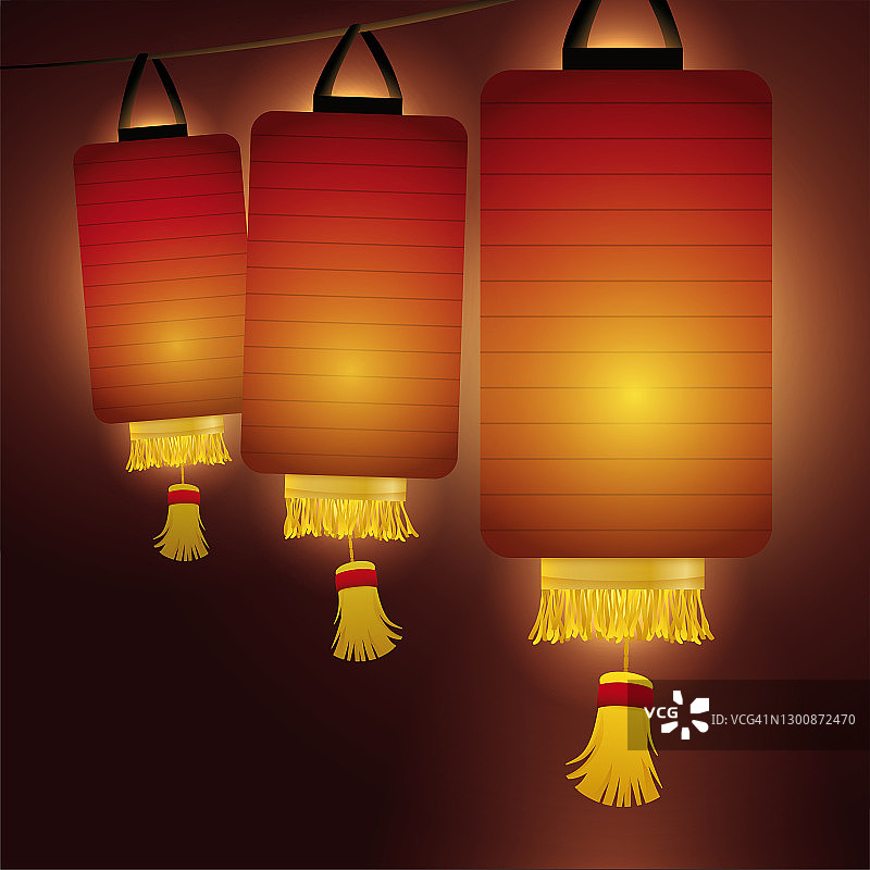 带有条纹的圆柱形中国灯笼照亮了夜晚图片素材