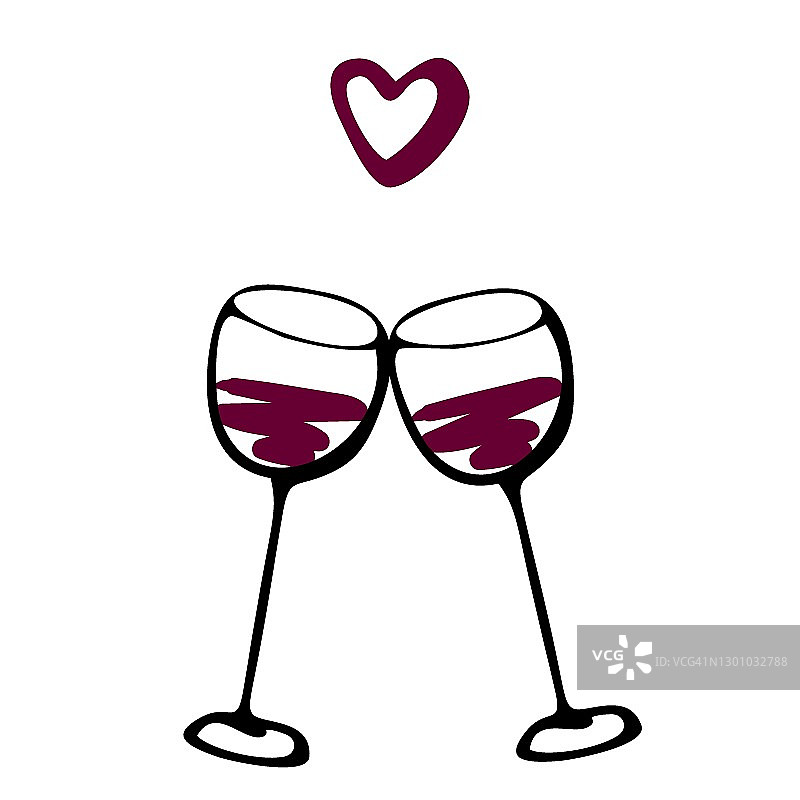矢量涂鸦手绘素描黑红色插图的两个葡萄酒杯夫妇爱饮料符号符号线图标在白色的背景。情人节明信片，周年纪念贺卡图片素材
