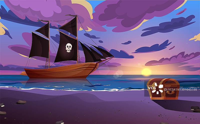海上的海盗船挂着黑旗，岸边有箱子。水上的木制帆船。日落或日出，黎明在海上，天空有云。图片素材