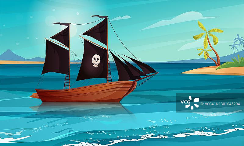 海上飘扬着黑旗的海盗船。水上的木制帆船。图片素材