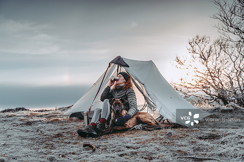 清晨，一个女人在帐篷里和一只狗一起喝咖啡图片素材