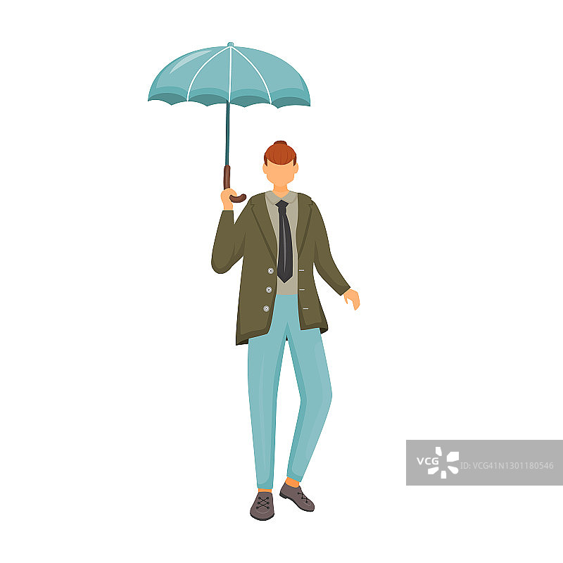 穿绿夹克的人平色矢量无脸的性格。多雨的天气。秋天的潮湿。时尚男士带着雨伞。行走的白种人穿着西装孤立的卡通插图在白色的背景图片素材