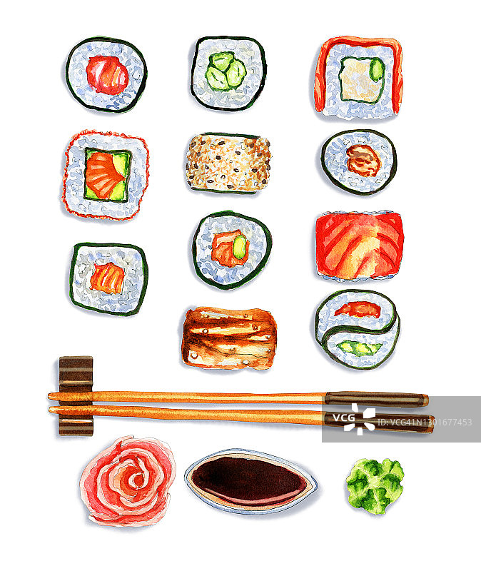 传统日本寿司卷的水彩构图图片素材