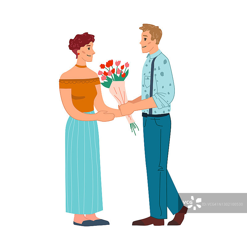 男人送花给女人孤立的扁平卡通人物。矢量约会高加索夫妇，丈夫给妻子花束3月8日，情人节或生日假日，周年纪念日或订婚图片素材