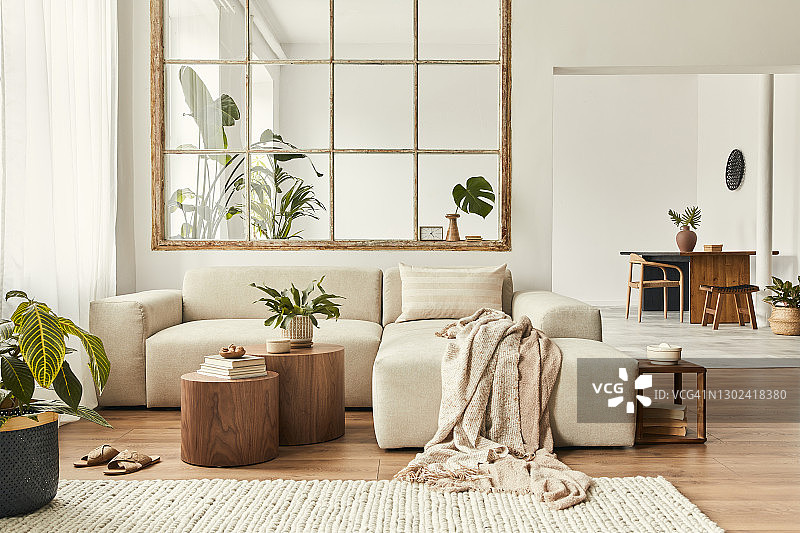 现代室内开放空间设计模块化沙发，家具，木制咖啡桌，格子，枕头，热带植物和优雅的个人饰品在时尚的家居装饰。中性的客厅。图片素材