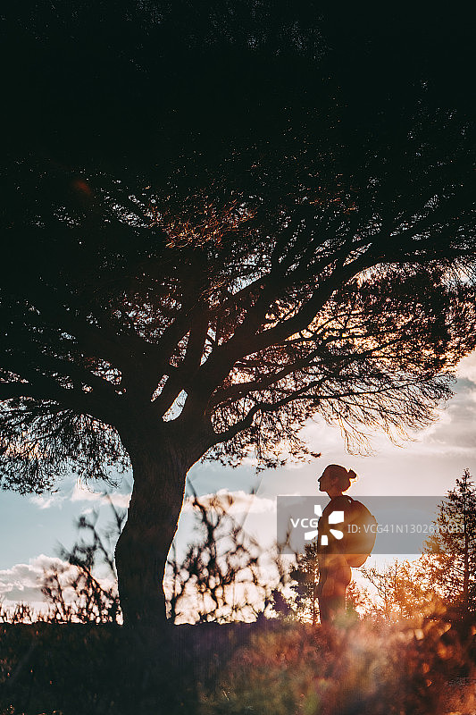 背光阳光下，背着背包的女人躲在一棵树后面图片素材