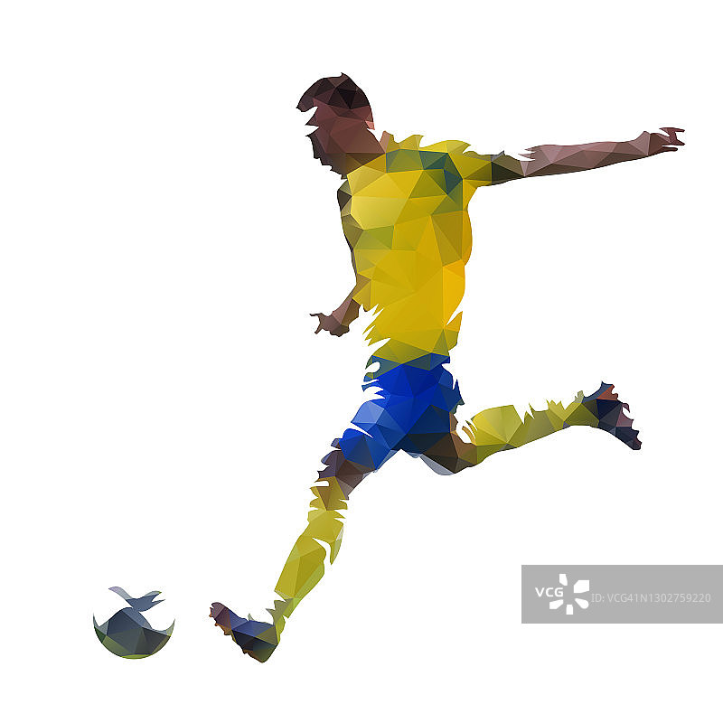 低聚足球运动员踢球，抽象几何矢量剪影图片素材