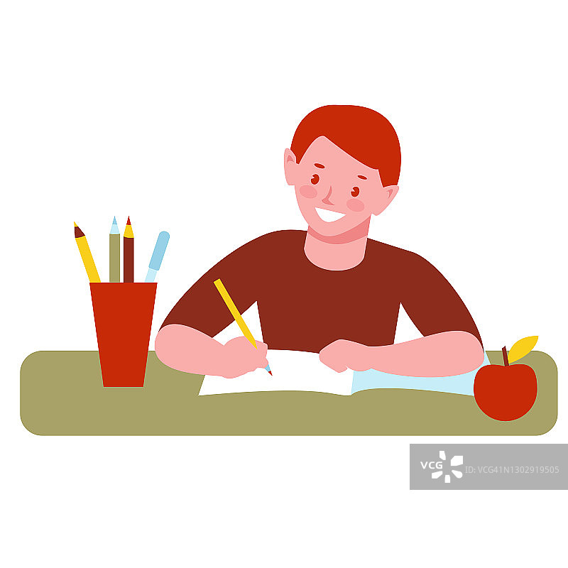 一个男孩在做作业，在笔记本上写字。矢量插图在平面卡通风格。孤立在白色背景上。图片素材