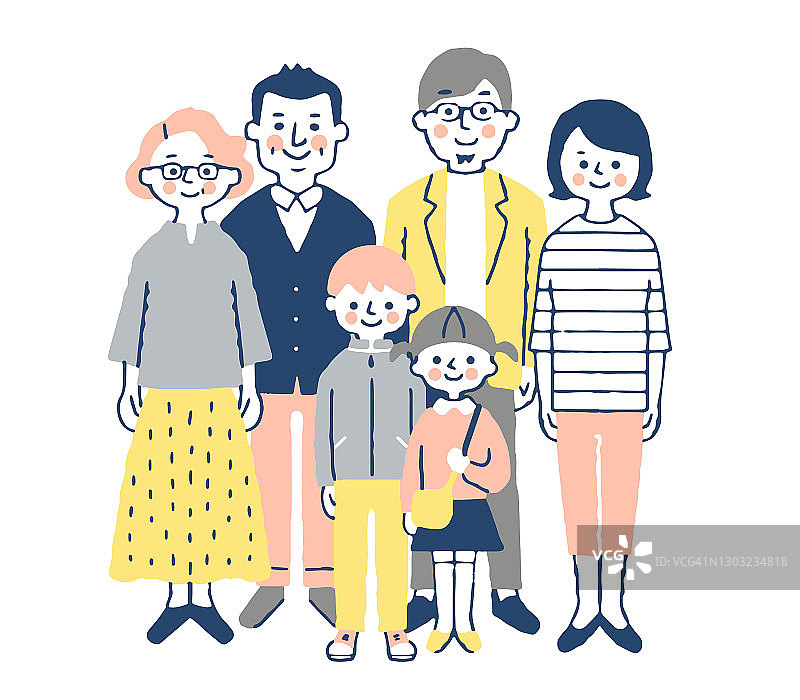 Illustration of a third generation family、6people图片素材