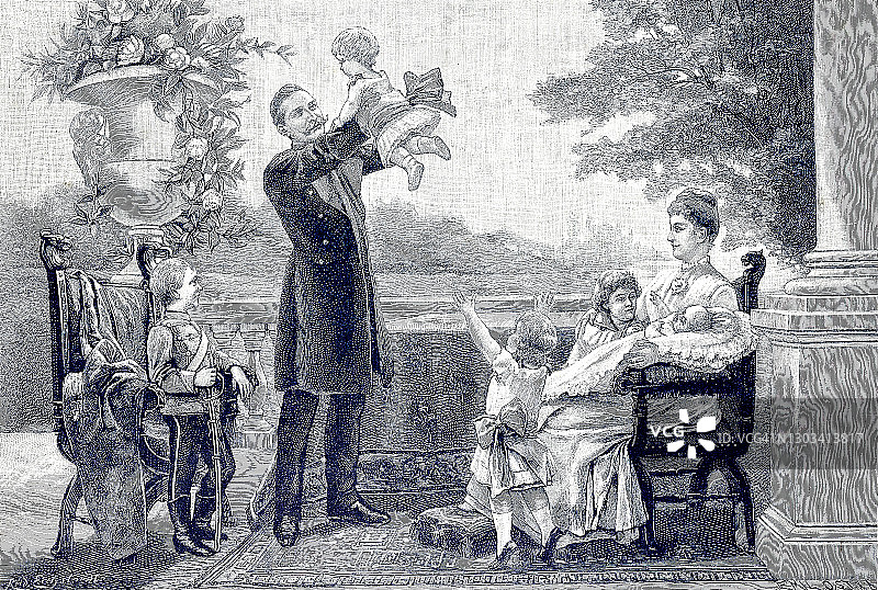 德皇威廉二世和他的家人在花园露台上享受休闲时光图片素材