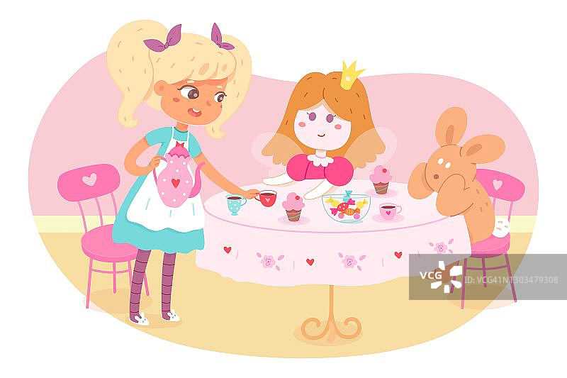女孩在家里用玩具喝茶。小孩子在室内玩矢量插画游戏。快乐的孩子，娃娃和兔子有茶话会桌上的杯子，茶壶，蛋糕和茶壶图片素材