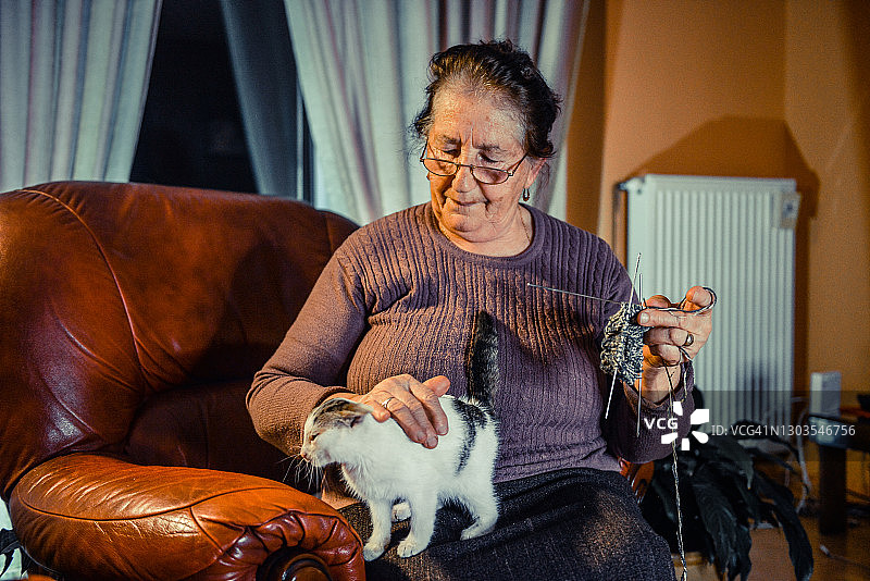 在隔离期间，一名老妇人在家织毛衣，和她的猫在一起图片素材