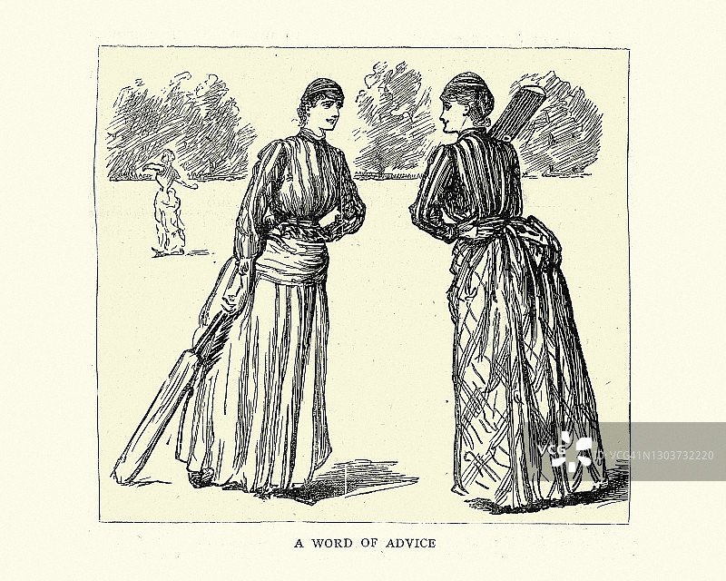 十九世纪，维多利亚时代的女子板球，击球手互相交谈图片素材
