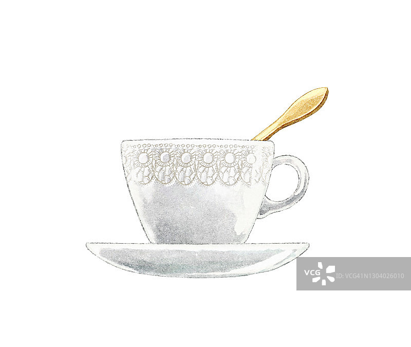 水彩复古白茶碟杯与金匙图片素材