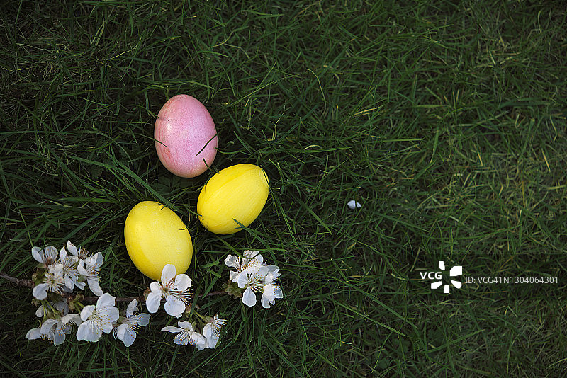 复活节、节日和传统概念。色彩斑斓的复活节彩蛋以柔和的颜色画在草地和樱花的背景。图片素材