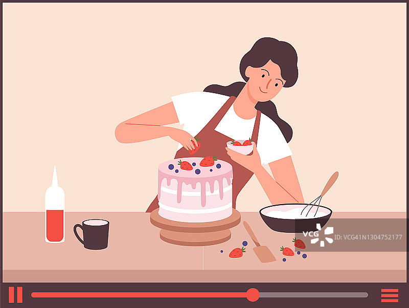 自制的面包店。美食博主，女孩在网上烤蛋糕。烹饪直播，快乐女人装饰甜品矢量插图图片素材