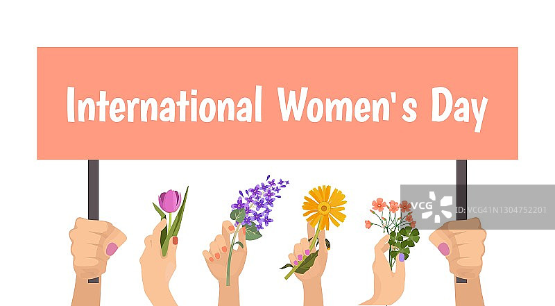 国际妇女节标语。手拿标语牌和鲜花。女性节日向量概念图片素材