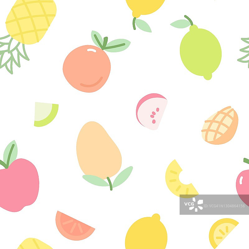 白色背景上各种水果和水果片的无缝图案，适合做童装。图片素材