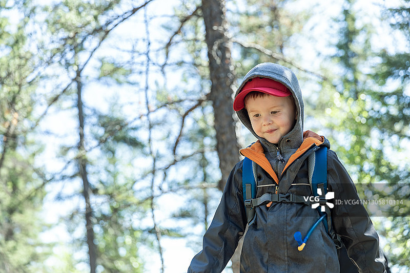 可爱的红发男孩在埃格贝尔国家公园的森林里徒步旅行图片素材
