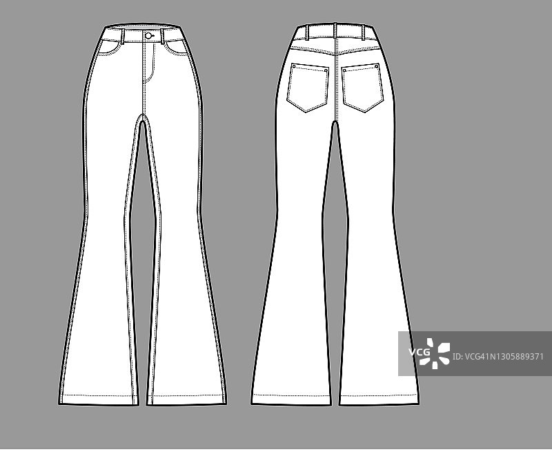 牛仔裤喇叭裤牛仔裤技术时尚插图，全长，正常腰，高腰，5口袋图片素材