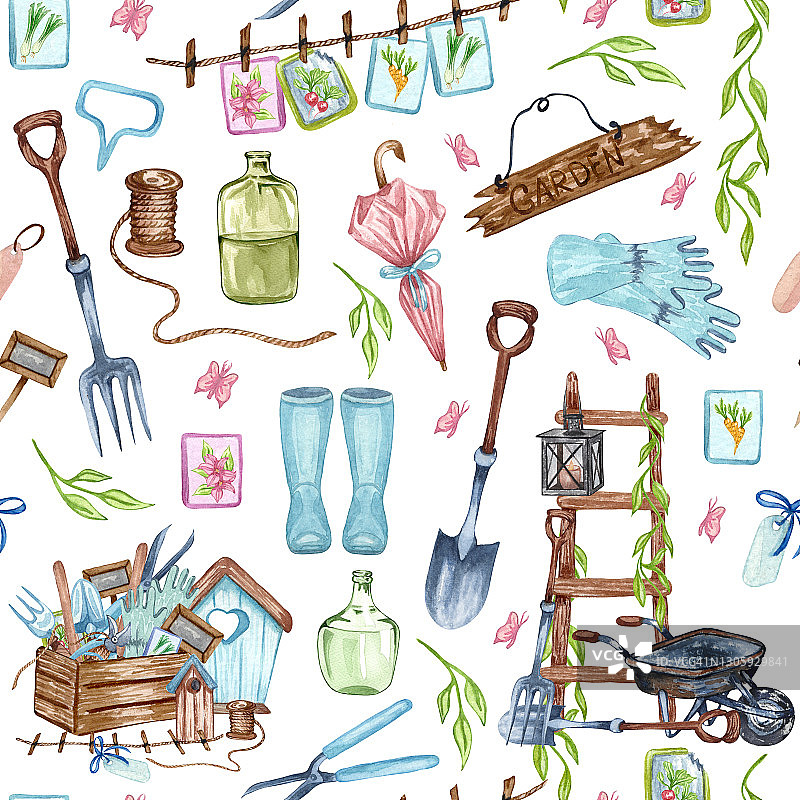 水彩无缝图案的园林工具和盆栽植物。园艺背景图片素材