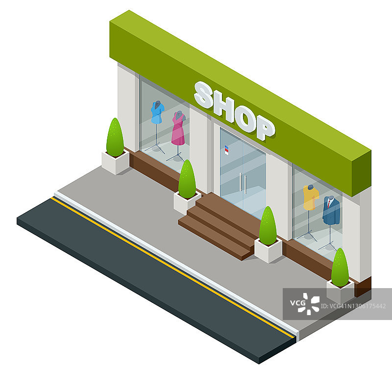 等距精品店窗户穿着人体模型孤立在白色背景。零售商店或服装店图片素材
