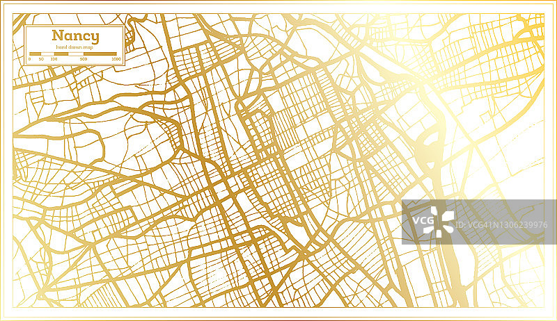 南希法国城市地图在复古风格在金色。略图。图片素材