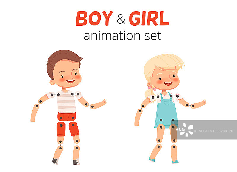 模拟一个男孩和一个女孩动作的设计者。一套儿童骨骼动画。分开身体的活动部分图片素材