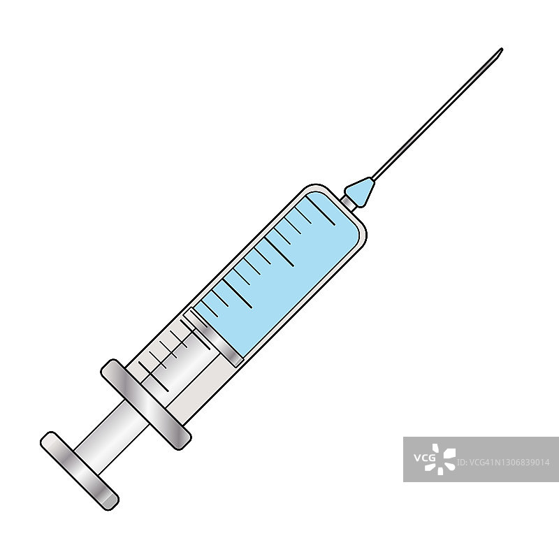 医用一次性带针注射器。注射器与蓝色液体隔离在白色背景。图片素材