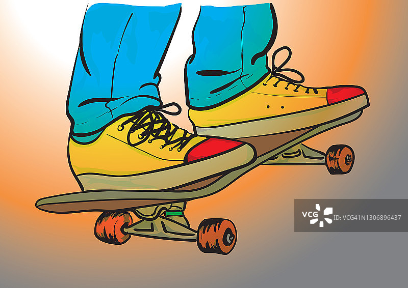 穿着牛仔裤和运动鞋的滑板者图片素材