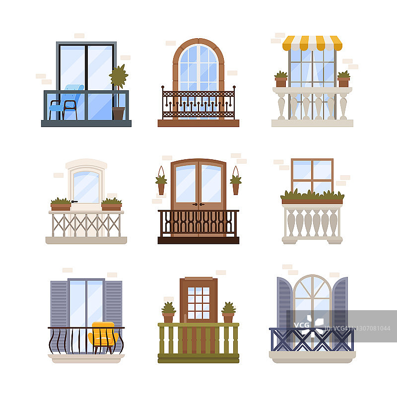 一套窗户和阳台外部建筑装饰。复古和现代建筑立面墙与栏杆图片素材