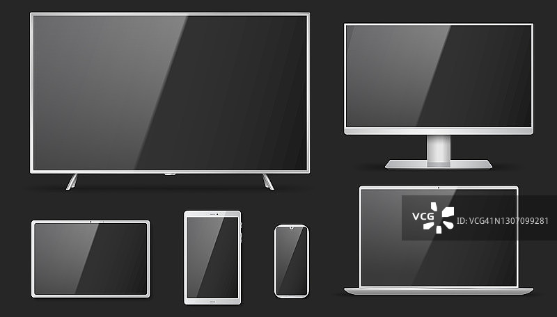 一套真实的电视，液晶，led，电脑显示器，笔记本电脑，平板电脑和手机与空屏幕图片素材