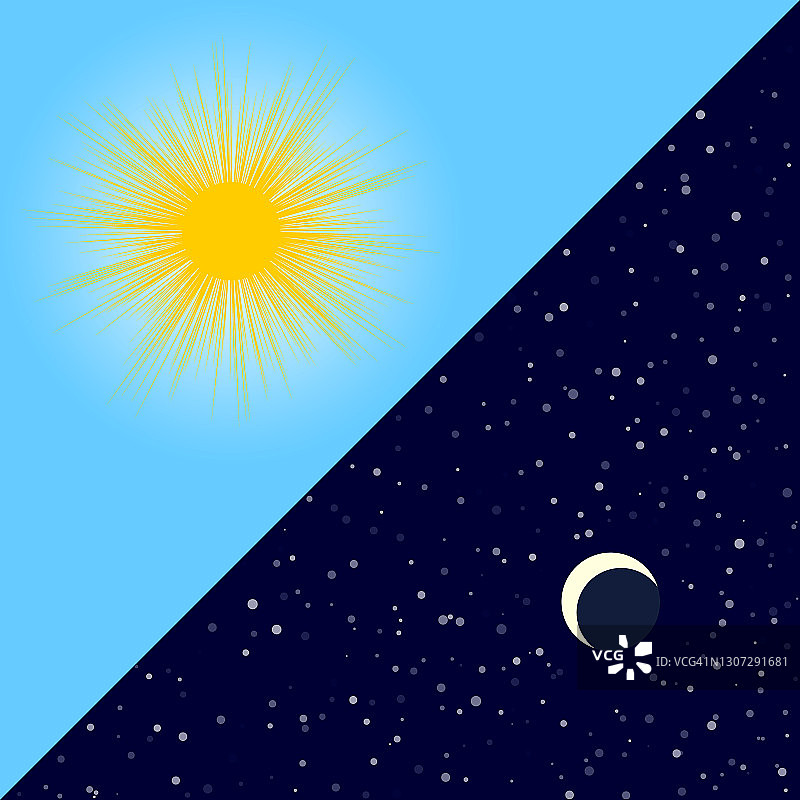 白天和夜晚的概念。太阳和月亮与星星作为背景或标志或图标。图片素材