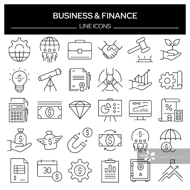 一组业务和财务相关的线图标。轮廓符号集合，可编辑的描边图片素材