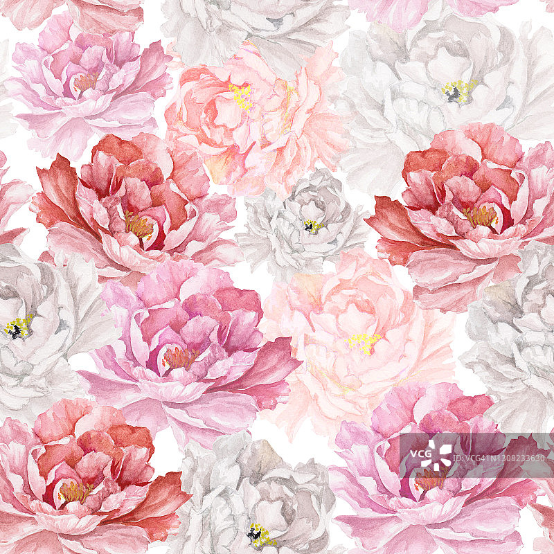 花卉水彩点缀。花型无缝，玫瑰、牡丹、蔷薇果图片素材