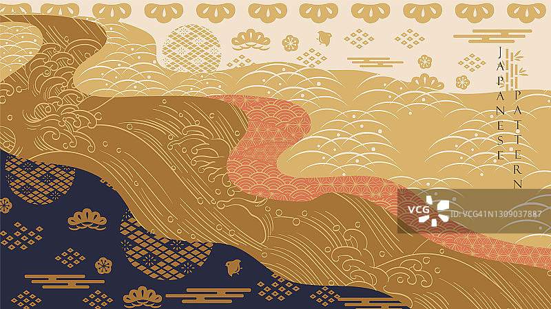 日本模式与亚洲传统背景向量。东方手绘波浪旗帜设计与抽象艺术元素在复古风格。行元素。图片素材