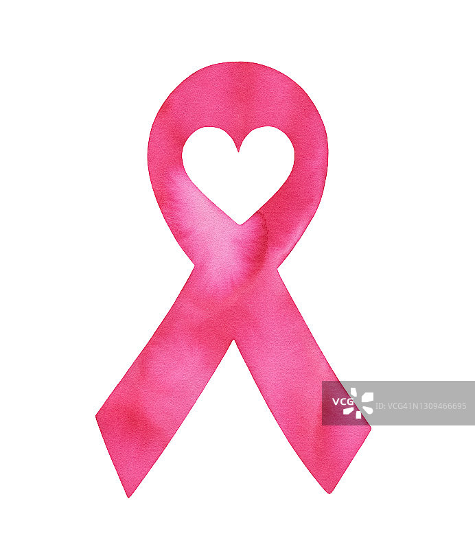 水彩粉色带心形丝带，国际乳腺癌意识标志。手绘水彩画，裁剪剪贴设计装饰艺术元素，贴纸，海报，模板。图片素材
