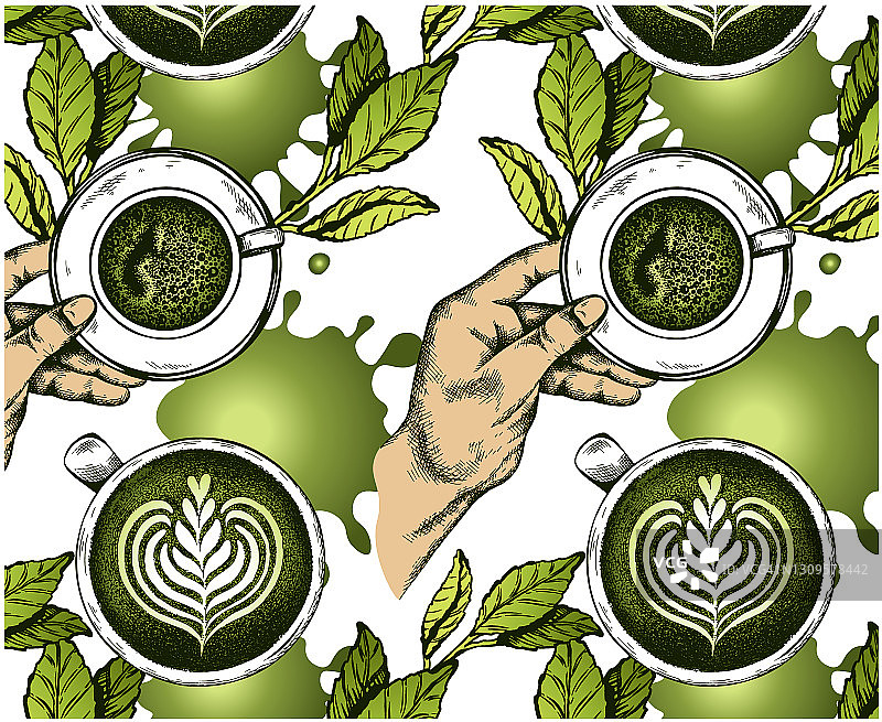 绿茶与杯的图案图片素材