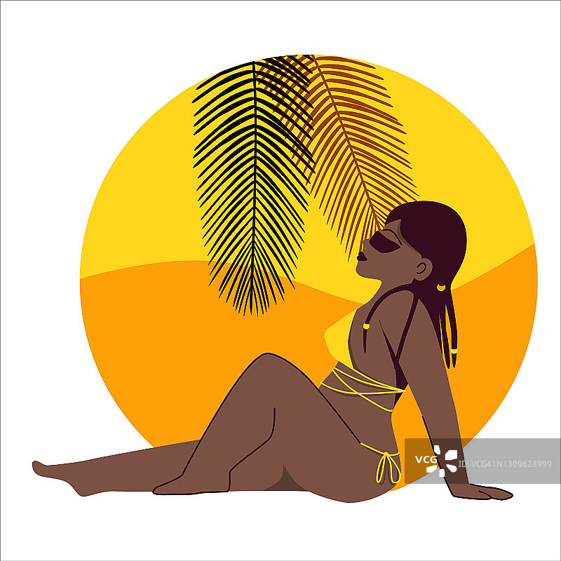 美丽的非洲裔美国大尺寸模特晒黑在黄色比基尼。矢量平面插图孤立在白色背景。图片素材