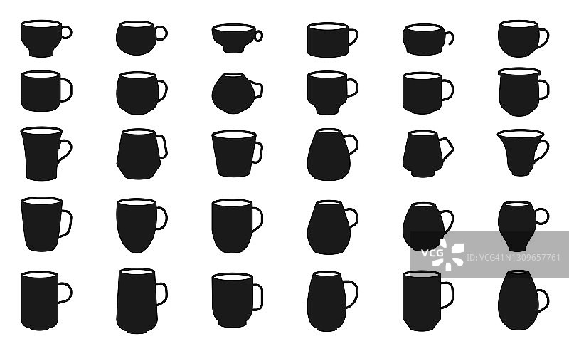 咖啡杯或茶杯杯上的黑色象形图集合向量图片素材
