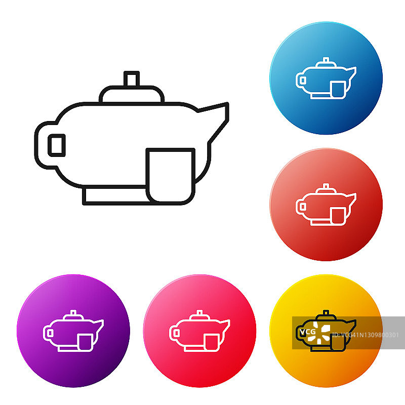 传统茶道图标孤立在白色背景上。茶壶和杯子。设置彩色圆形按钮图标。向量图片素材