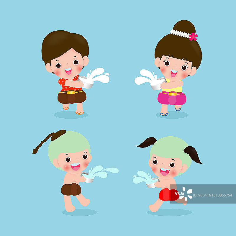 泰国泼水节，泰国旅游概念，儿童享受泼水节，泰国传统元旦矢量插图孤立在蓝色背景图片素材