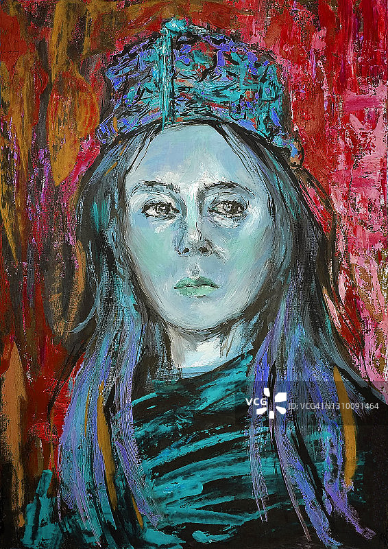 插图油画肖像的女孩与长头发在一个明亮的背景在红色调的东方杂色帽子图片素材