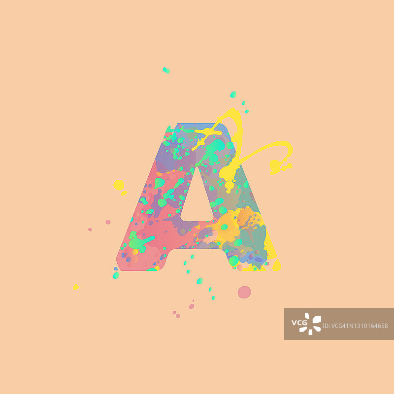 字母A，以桃色为背景，有粉红色、黄色、蓝色、绿松石色的混合斑点图片素材