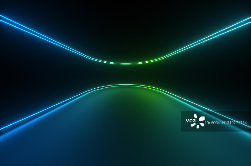 合成波风格的抽象椭圆线条霓虹蓝色和绿色在晚上反射在房间的地板上。3 d渲染图图片素材